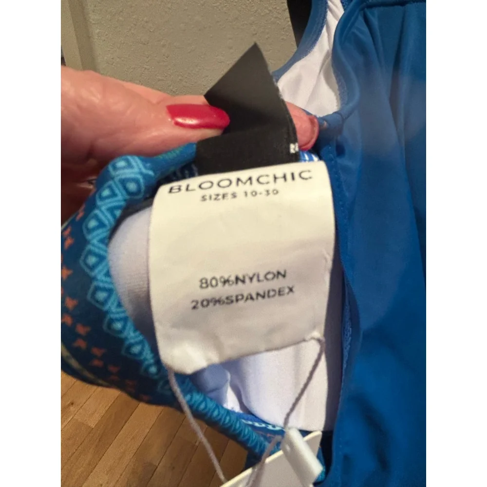 Women's BLOOMCHIC Blue Plus Size 26 tankini swim top with Patterned Sides - Picture 7 of 7